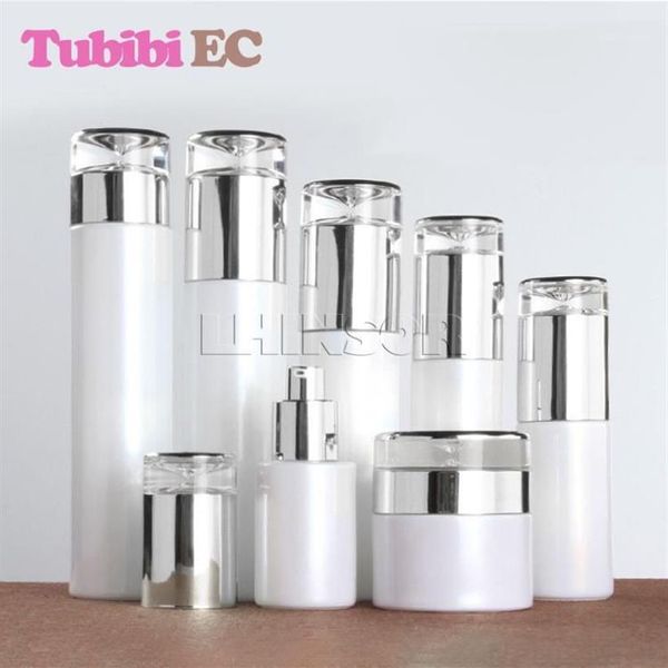 5pcs / lot Perle Blanc Verre Argent Couverture Spray Lotion Presse Pompe Bouteilles Pots De Crème De Haute Qualité Emballage Cosmétique Conteneurs 13091