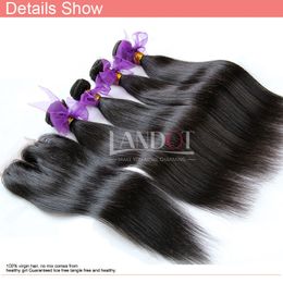 5 stks Kavel Peruviaans Maagd Haar recht met sluiting 7A Onverwerkte Menselijk Haar Weave 4 Bundels Voeg 1pc Kantsluitingen Toevoegen Natuurlijke Black Extensions