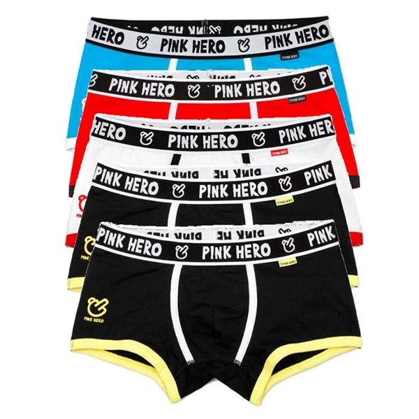 5 unids / lote Pink Heroes Classic Men Boxers Ropa interior de algodón de alta calidad Bragas masculinas cómodas y rentables M L XL XXL 210826280O