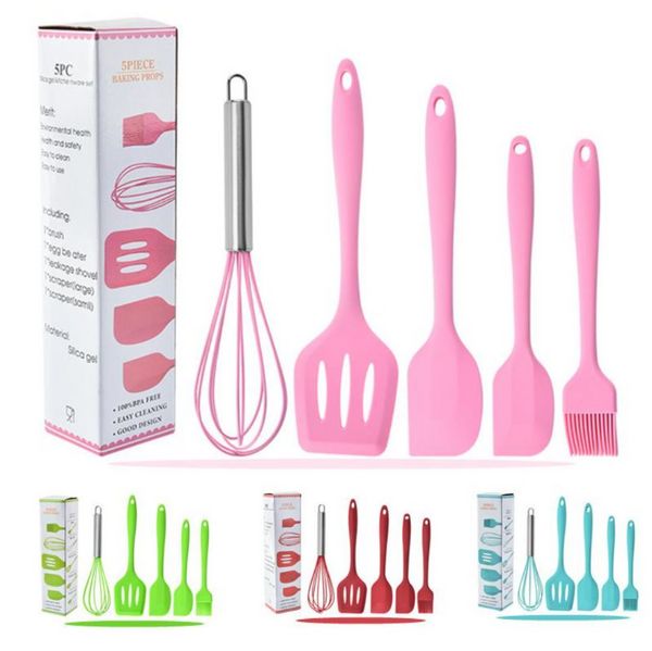 5pcs / lot Ensembles d'outils de cuisson en silicone comprenant un petit grattoir à brosse, un grand grattoir, une spatule à batteur d'œufs pour la cuisson et le mélange, vente en gros P1121