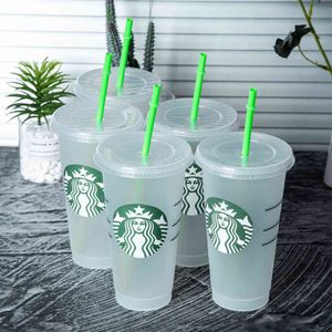 Starbucks 24OZ / 710ml Vaso transparente con pajitas Reutilizable Venti Frosted Ice Cold Drink Vasos de plástico grueso para café Cappuccino H1102