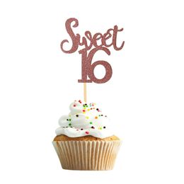5pcs/lote dulce 16º 16th Birthday Cupcake Topper Glitter Gold Birthday Pasting Toppers para niños Decoraciones de pastel de fiesta de cumpleaños