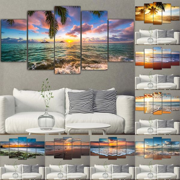 Cuadros de pared de paisaje marino moderno, pintura en lienzo de playa, mar, océano, arte de pared, carteles de paisaje, impresiones para decoración para sala de estar, 5 uds.