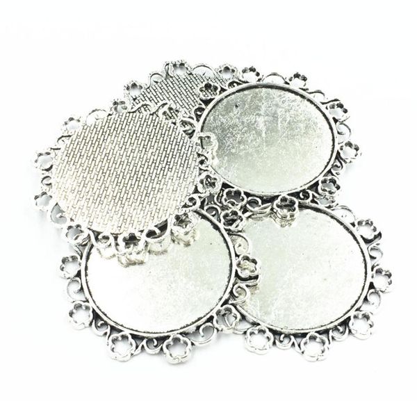 5 pièces collier pendentif ton argent fleur dentelle métal Seing bijoux Cabochon camée plateau de Base lunette vierge ajustement 34mm Cabochons 49mm3761320