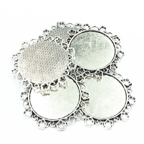 5 uds colgante de collar tono plateado flor encaje Metal joyería cabujón camafeo Base bandeja bisel en blanco ajuste 34mm cabujones 49mm314M