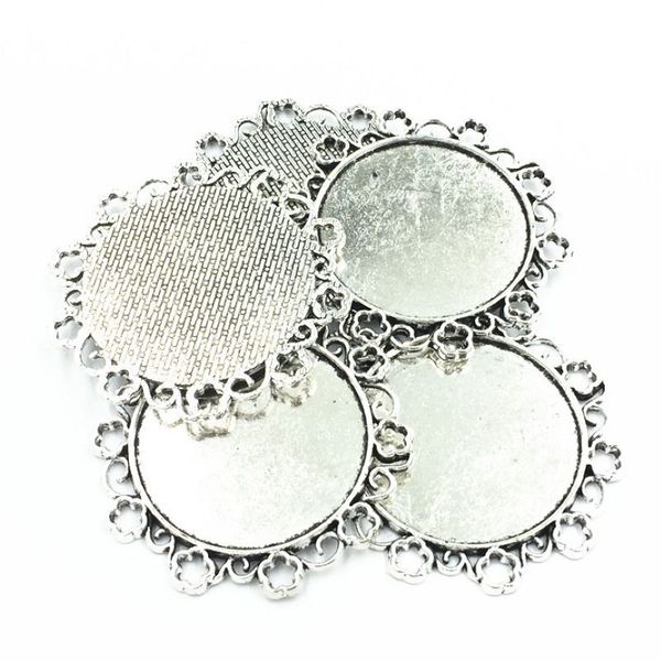 5 uds colgante de collar tono plateado flor encaje Metal joyería cabujón camafeo Base bandeja bisel en blanco ajuste 34mm cabujones 49mm184L