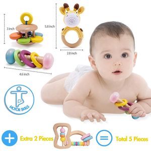 5 stks Biologische Safe Houten Speelgoed Baby Montessori Peuter Speelgoed Grip DIY Haak Rammelaar Soother Armband Teether Toy Set Baby Product LJ201113