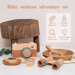 5pcs Adventure Outdoor Ensemble de jouets en bois Caméra en bois, loupe, télescope, boussole, couteau en bois Diy Outdoor Adventure Set