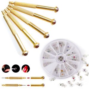 5PCS Pack Nail Art Piercing Outil de forage à main Conseils Dangle Pierce 12 styles Beaux strass Dangles pour les conseils Nail Art Decoratio273c