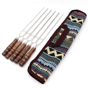 De tenedores para asar portátiles de estilo ruso con bolsa, pinchos para perros de Camping, tenedores para barbacoa de acero inoxidable, herramienta para barbacoa 220606