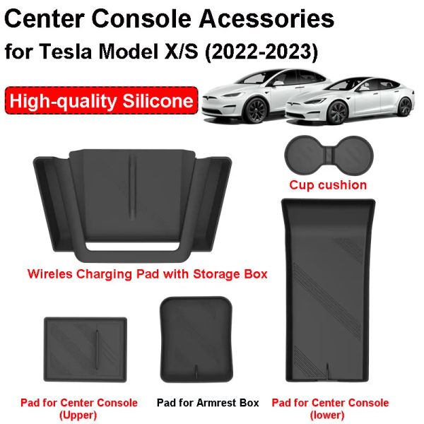 Protecteur pour Tesla modèle X S 2023, 5 pièces, accessoires d'intérieur, Console centrale, plateau organisateur de rangement, tasse de chargement sans fil