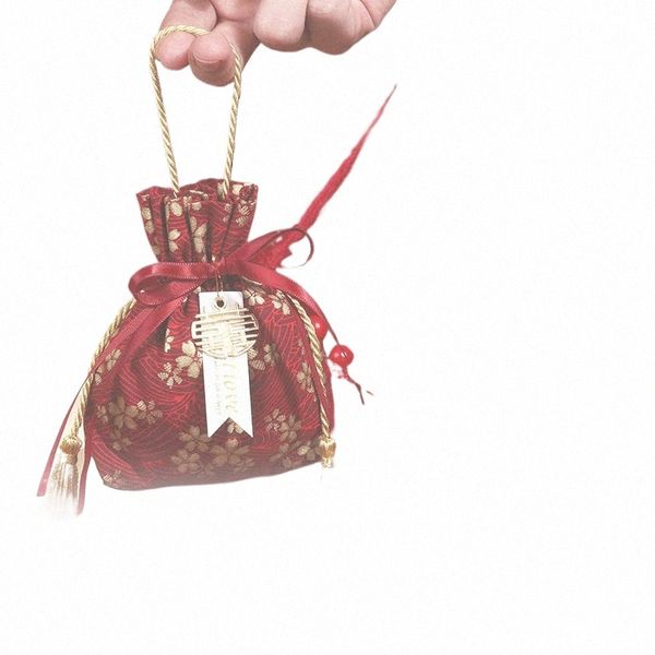 5 unids rojo estilo chino jacquard tela regalo bolsa con cordón para el favor de la boda cumpleaños bolsas de dulces joyería recuerdo bolsa de bolsillo n4Ju #