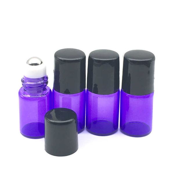 5 pièces rouleau rechargeable bouteille en verre violet-bleu avec petit rouleau d'échantillon d'huile essentielle de 2 ml en acier inoxydable sur 85EZ