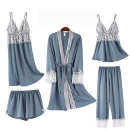 5 stks Satijn Sexy Pyjama Suit Dames Kant Payjama's Giet Femme Kimono Robe Jurk Losse V-hals Nachtkleding met Broek Loungewear Q0706