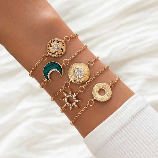 5 pièces/ensemble bohême géométrique cercle lune bracelets porte-bonheur strass creux soleil étoile décor or couleur chaîne bracelets bijoux cadeau