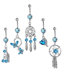 5 pièces/ensemble capteur de rêves pierre bleue Zircon cristal bijoux de corps en acier inoxydable strass nombril cloche bouton Piercing anneaux pour les femmes