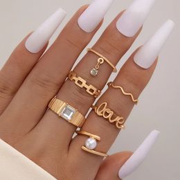 5 -stcs/set Fashion Pearl Stone Letter Wave Joint Rings For Women Geometric Ally Brick Set Party Sieraden Accessoires