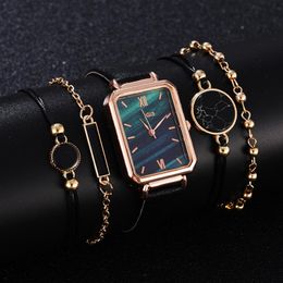 5pcs Set Fashion Watch for Women Square Leather dames Bracelet Watchs Quartz Wrist Watch Female Black Clock Reloj Drop171i