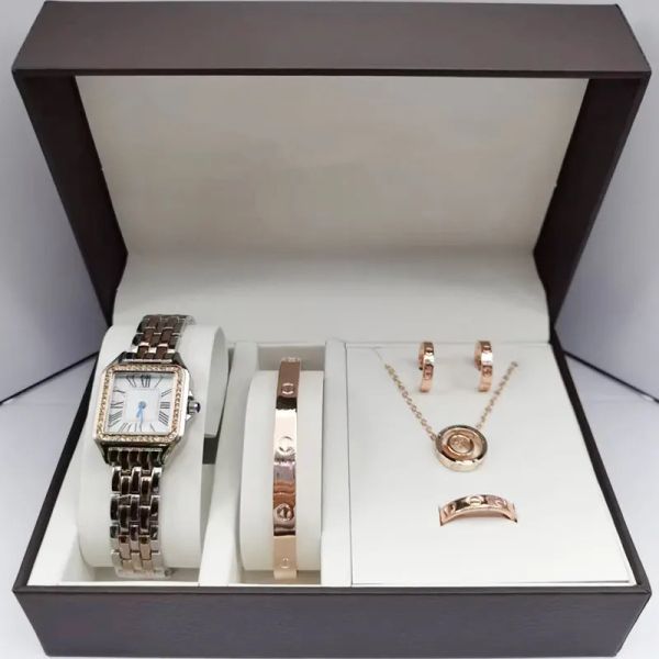5 piezas set de moda para mujeres joyas relojes vestidos damas de cuero blanco reloj para mujer aretes de collar de circon
