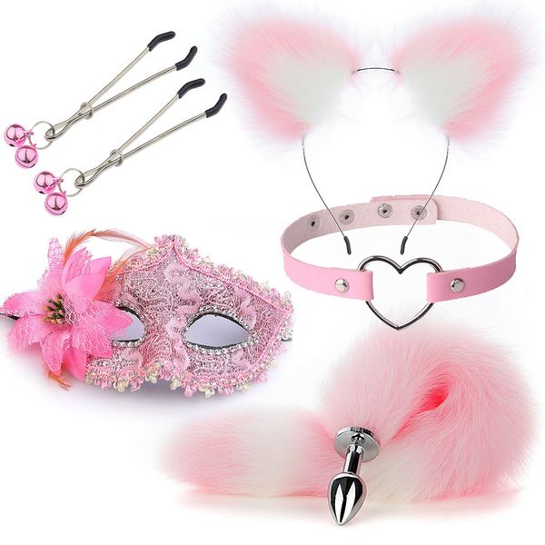 Bouchons queue de renard pour femmes, jouets sexuels anaux, pinces à tétons, collier en peluche, oreilles de chat, bandeau, jouets sexuels pour Couples, 5 pièces/ensemble