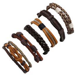 5 stks / set handgemaakte gevlochten touw multilayer lederen bedelarmbanden voor mannen vrouwen meisje verstelbare punk armband sieraden