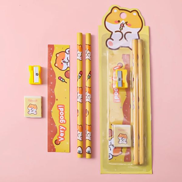 5pcs / set Nouveau semestre de papeterie set crayon crayon gardien de crayon crayon souverain papeterie étudiante cadeaux de la journée des enfants