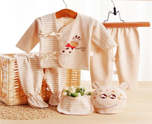 5PCS Ensemble Nouveau-né Layette Coloré Coton Biologique Bébé Garçons Vêtements Solidstriped vêtements pour bébé Inc 1 Top 2 Pantalons 1 Bavoir Et 1 Chapeau2704888