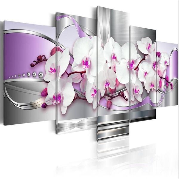 Juego de 5 piezas de lienzo sin marco, arte de pared moderno, flor de orquídea de diamante para decoración del hogar 256D