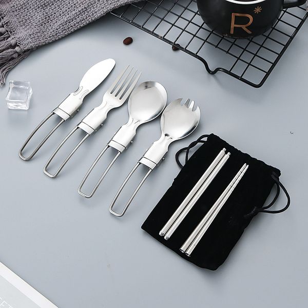 5 pièces/ensemble vaisselle d'extérieur vaisselle Portable en acier inoxydable cuillère fourchette couteau à Steak baguettes ensemble voyage couverts YF0099