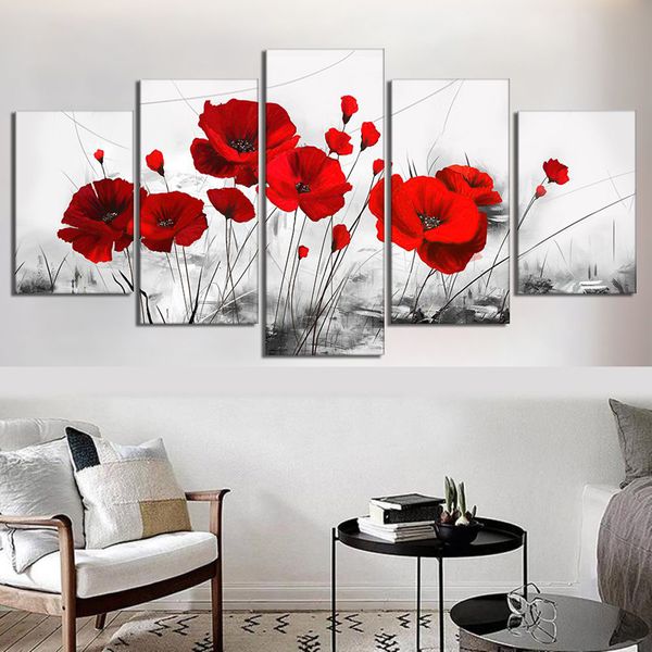 5 pièces ensemble fleurs rouges toile peinture moderne fleur plante affiches et impressions mur Art photo pour salon décoration de la maison