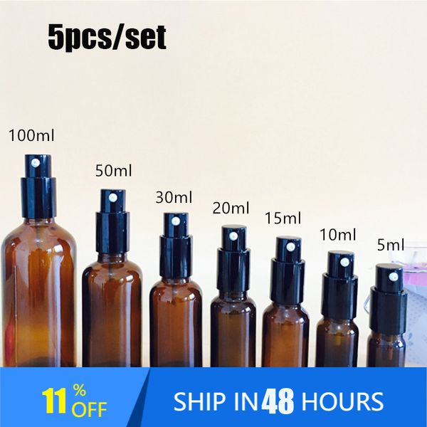 5 pièces/ensemble pompe à pression rechargeable flacon pulvérisateur en verre huiles liquide conteneur cosmétique parfum bouteille atomiseur pour voyage 5 ml/10 ml/15 ml/20 ml/30 ml/50 ml/100 ml