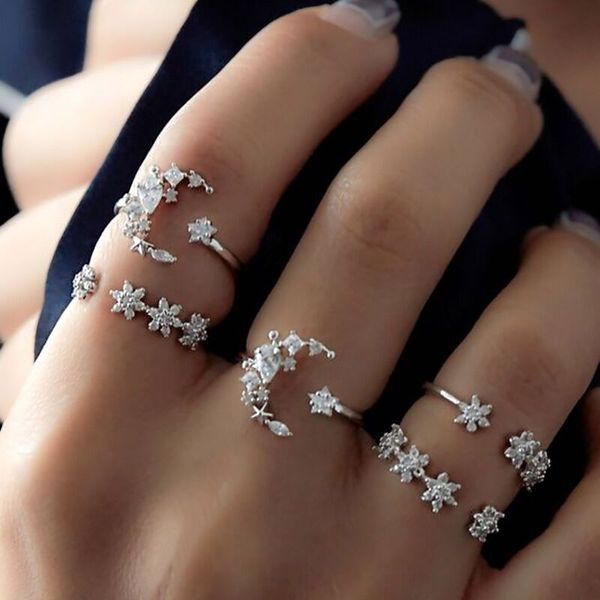 5 pièces/ensemble Bague pour femmes blanc cristal étoile sculpté Knuckle anneaux ensemble Midi bague déclaration bijoux empilés Bague Femme