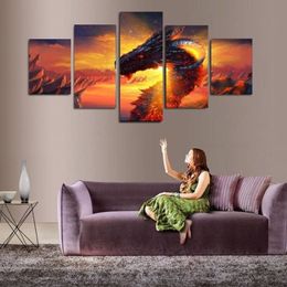 5 stks set Shiny Dragon Wall Art Olieverfschilderij Geen Frame Dier Impressionistische Schilderijen Foto Woonkamer Decor206w