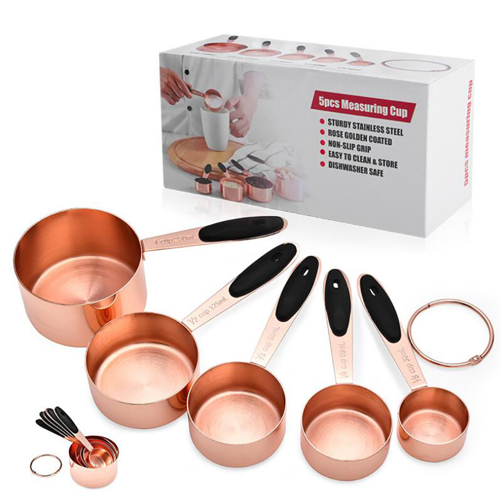 5 stks / set Rvs Meetbeker Set DIY Bakken Gereedschap Koffie Lepel Precisie Meetinstrumenten Keuken Koperplated Rose Gold Col