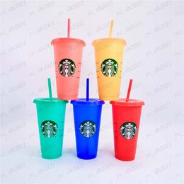 5 stks / set Starbucks Mermaid Goddess 24oz / 710 ml Kleurveranderende Tumblers Plastic Drinken SAP met lip en stro magic koffiekopjes