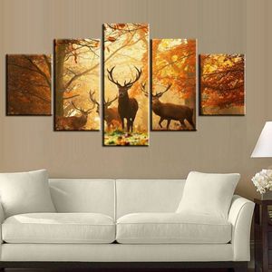 5 unids / set Sunset Golden Deer Wall Art Pintura al óleo sobre lienzo Sin marco Pinturas impresionistas de animales Imagen Sala de estar Decor206V