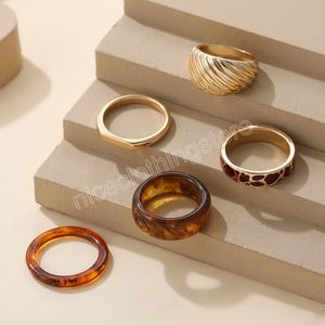 5 unids/set de anillos de acrílico de resina de moda, anillo de círculo redondo geométrico marrón de Metal Vintage para mujeres y niñas, joyería, regalos de fiesta