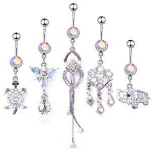 5 stks / set Turtle Elephant Leuke Crystal Body Sieraden Rvs Rhinestone Navel Bell Button Piercing Dangle Rings voor Vrouwen Gift