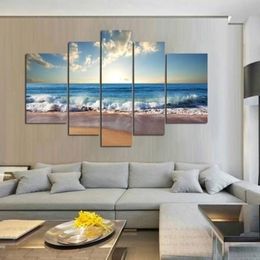 5pcs / set sans cadre plage vagues lever du soleil paysage marin peinture mur art peinture à l'huile sur toile texturé image salon décor à la maison251v