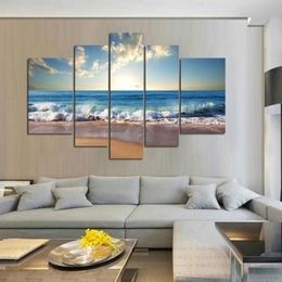 5 unids / set Sin marco Ondas de playa Amanecer Paisaje marino Pintura Arte de la pared Pintura al óleo sobre lienzo Imagen texturizada Sala de estar Decoración para el hogar269B