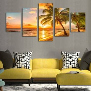 5pcs / set sans cadre noix de coco coucher de soleil lueur mur art peinture à l'huile sur toile mode et peintures texturées impressionnistes maison photo290V