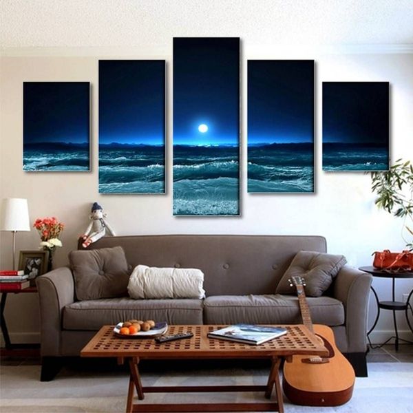 5 unids / set Luna Sin Marco y Mar Azul Ola Pintura Al Óleo Sobre Lienzo Arte de la Pared Pintura Imagen de Arte para el Hogar y la Sala de estar Decor265b