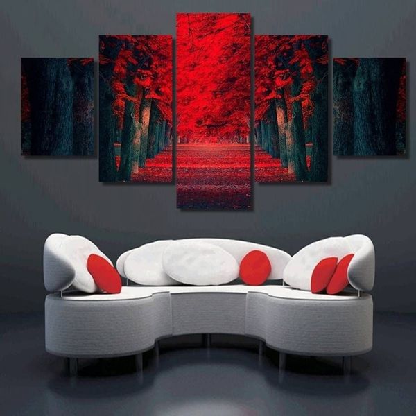 Conjunto de 5 uds de pintura de paisaje de árboles grandes de bosque rojo sin marco sobre lienzo, pintura artística de pared, imagen artística para decoración para sala de estar, 240G