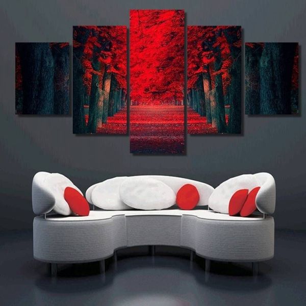 Conjunto de 5 uds de pintura de paisaje de árboles grandes de bosque rojo sin marco sobre lienzo, pintura artística de pared, imagen artística para decoración para sala de estar 234Q