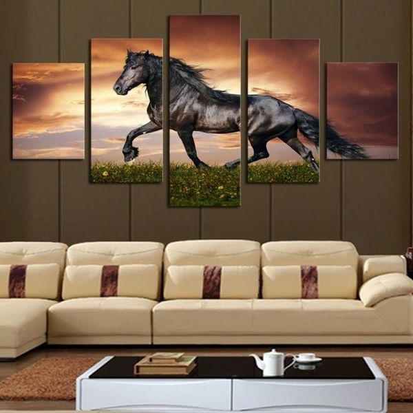 Juego de 5 uds de pintura de animales de caballo negro sin marco corriendo sobre lienzo, arte de pared, pintura, imagen artística para decoración para sala de estar 275E