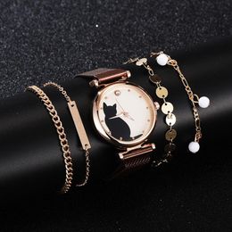 5 -stcs set horloges voor dames 2020 mode magneet kat patroon roze horloge vrouwen kwarts polswatch dames armband horloge drop2927