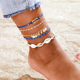 5 stks / sets Bohemian Shell Gold Anklets Dames Kleurrijke Touw Tassel Barefoot Sandals Foot Chain Summer Jewelry