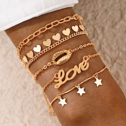 5 stks / sets Trendy Love Gold Armband voor Vrouwen Zomer Shell Heart Kwastje Ketting Verstelbare Boheemse Sieraden Gift