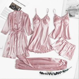 5pcs Silk Robe Sleep Slewing Womens Lace Satin Pyjamas Robe Set V-Neck Cami Nighties Portez Pijama Home Nightwear Spring Night Dress 240415