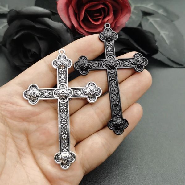 5pcs Color plateado Negro 80x54 mm Flower Cross Charms Jesus Faith Jewellry haciendo DIY Accesorios artesanales hechos a mano al por mayor